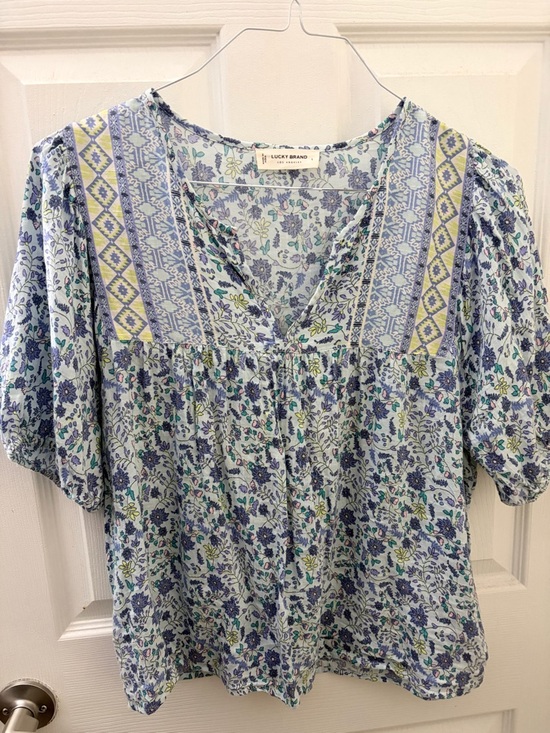Lucky Brand Blue Floral Boho Peasant Top Size L Short Sleeve Flowy Blouse - Picture 6 of 6